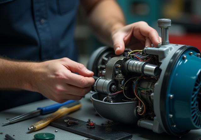 Tangan juruteknik sedang membaiki komponen dalaman sebuah mesin kuasa di atas meja kerja.