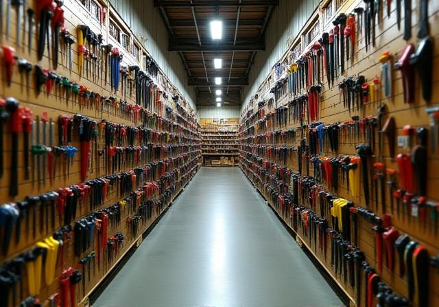 Lorong kedai yang dipenuhi dengan alatan tangan yang tersusun rapi di dinding.