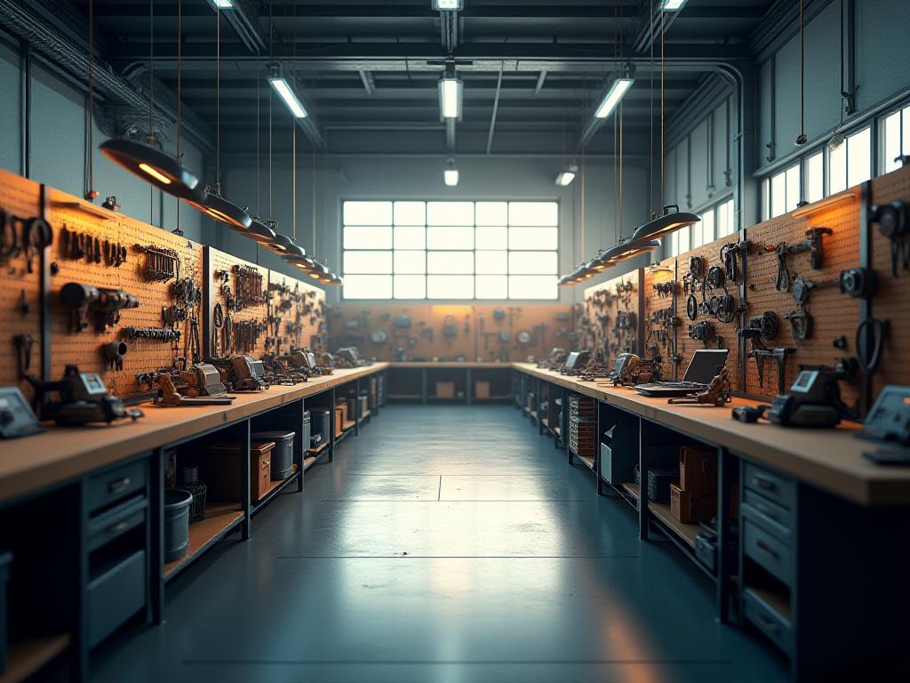 Pemandangan luas The Deep Workshop menunjukkan barisan alatan kuasa dan meja kerja yang kemas.